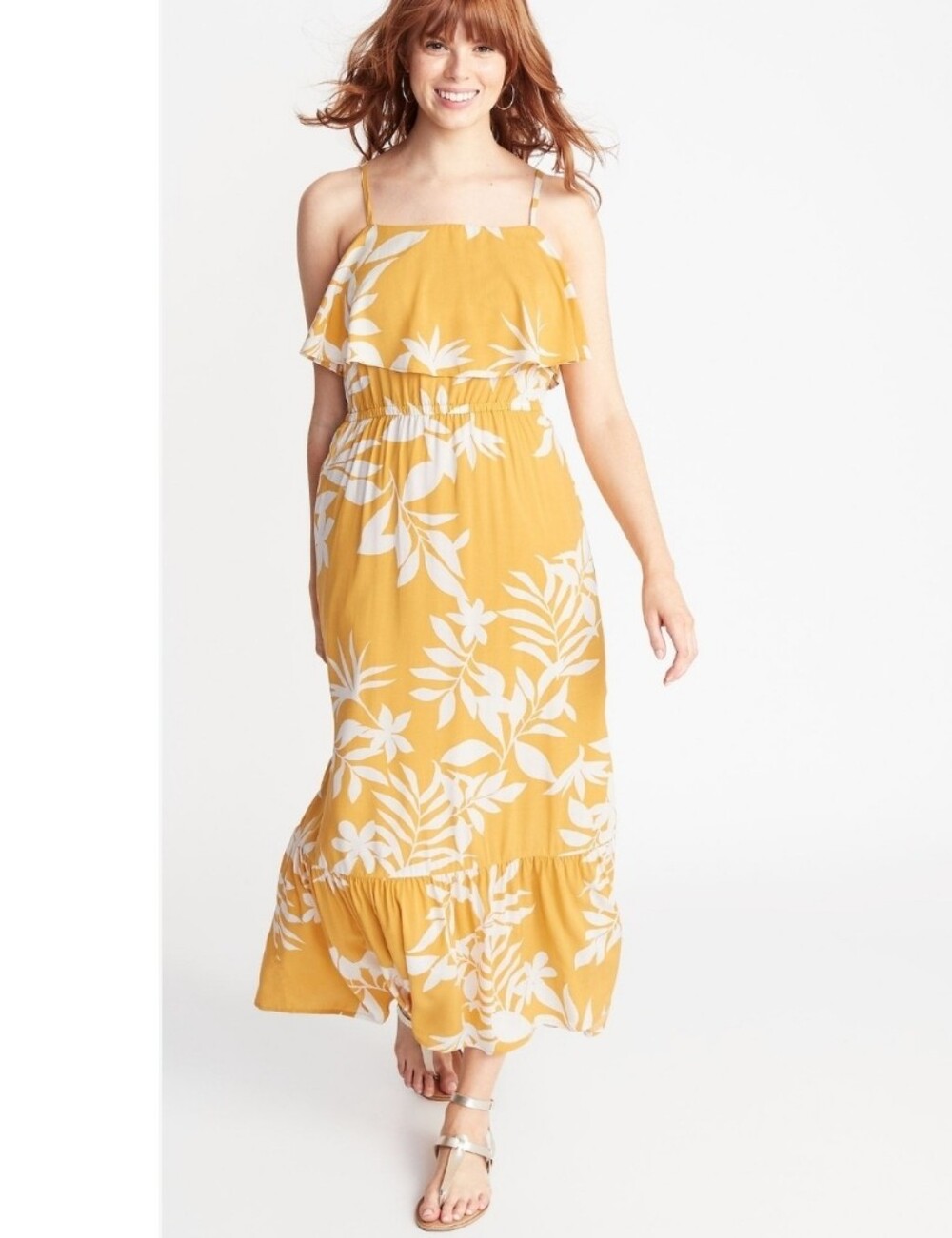 Old Navy Women's Tiered Maxi Swing Dress Mustard Yellow White Floral Rayon S